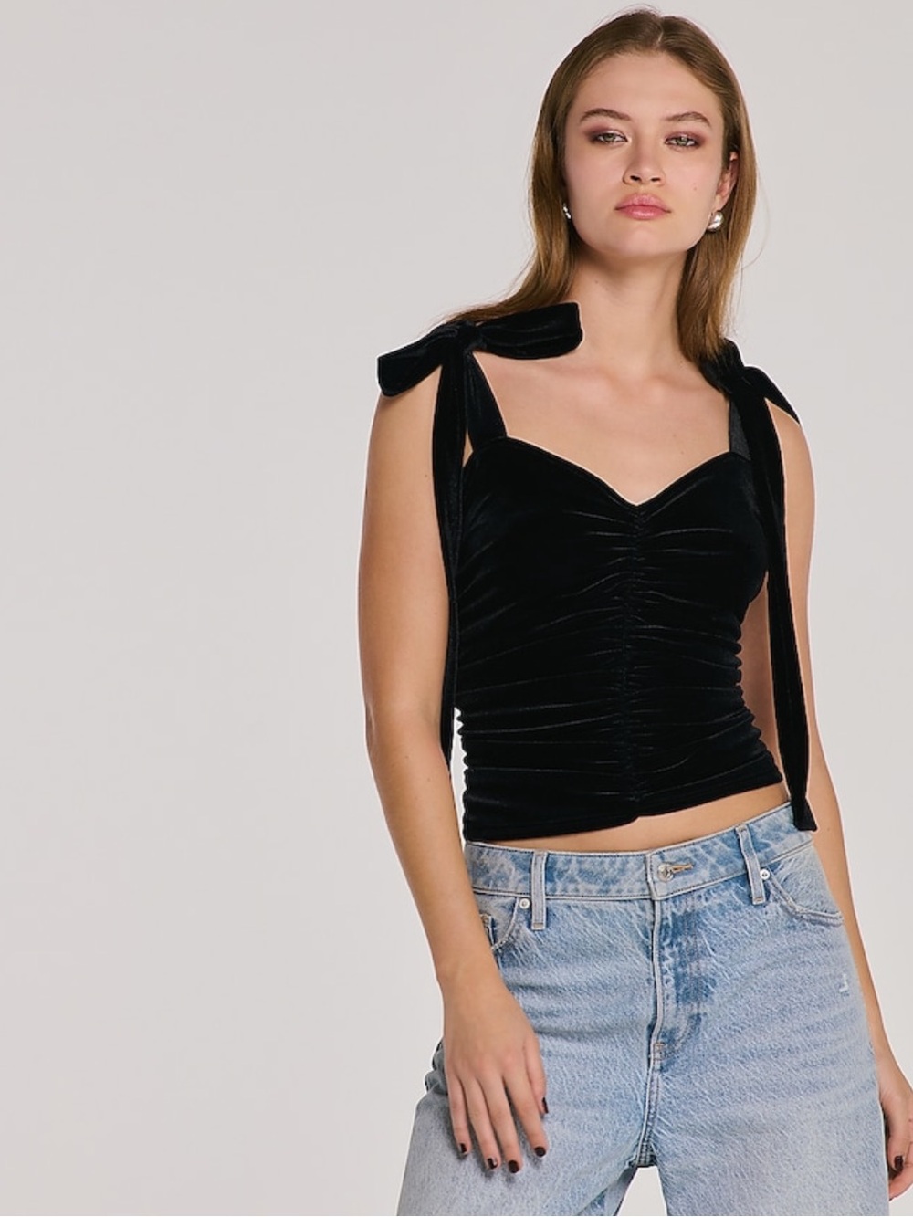 Express Black Velvet Tie-Strap Ruched Camisole
